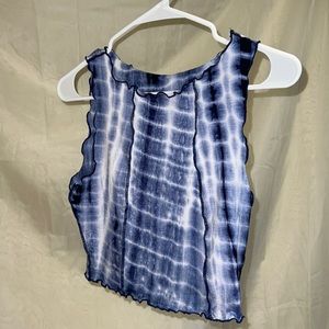 Blue navy and white tie-dye lettuce trim tank top